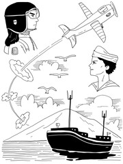 Hand-drawn doodle of pilot, sailor, airplane, and ship scene
