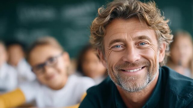Smiling Teacher in Classroom: A dedicated educator, radiates warmth and knowledge in a classroom setting, showcasing his commitment to education.