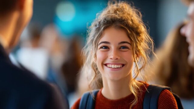Radiant Smile: A young woman's joyful expression lights up the frame, radiating warmth and approachability. Her captivating smile suggests happiness and positivity, connecting with viewers instantly.