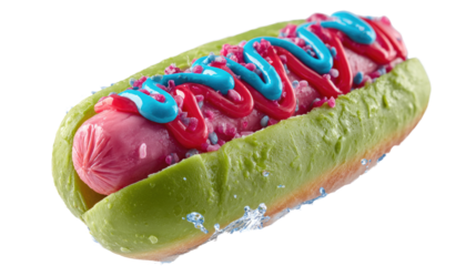 Green hotdog with pink sausage showcasing vibrant contrast of bun and filling in creative food style isolated on white background
