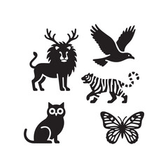 Elegant Vector Silhouette Collection of Distinct Wild and Domestic Animal Icons. 