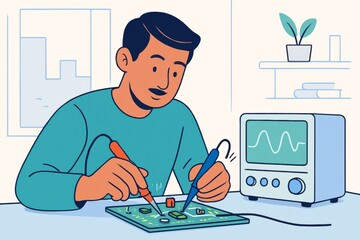 Man testing electronic circuit board using probes with oscilloscope in science lab environment, light background, educational concept illustration. Ai generative