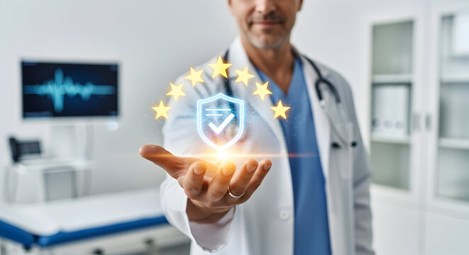 Trustworthy doctor offering quality healthcare assurance with digital shield