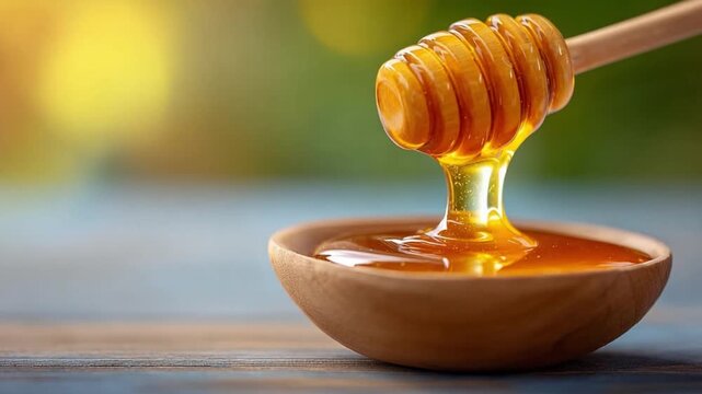 Golden Honey's Sweet Cascade: Pure, golden honey gracefully drips from a honey dipper into a wooden bowl, reflecting the golden sunshine in its sweet, glistening flow.