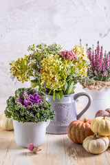 Beautiful bouquet of autumn flowers in pumpkin on festive dining table