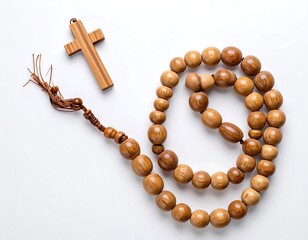 Wooden rosary beads and a cross on a white surface, angled overhead