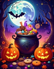 A Halloween scene with a witch's cauldron overflowing with candy, pumpkins and a full moon