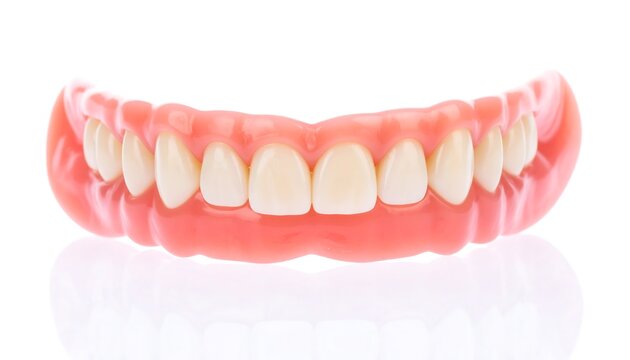 A pair of full dental dentures with realistic gum detail against a clean white backdrop