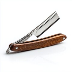 A single vintage barber's straight razor open on white, classic grooming and traditional shaving tool.