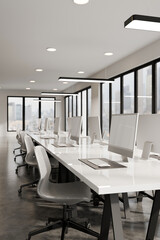 Vertical 3D render of a modern office with white desks, computers overlooking the city skyline.