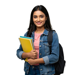 Smiling Indian College Student Holding Books and Notebooks Isolated on White Background