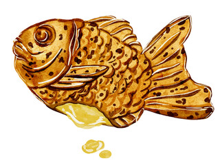 水彩で描いた日本の甘味のたい焼きクリームのイラスト素材のセット