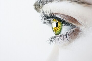 Closeup drawing of an eye with striking green iris and detailed lashes against a white background.