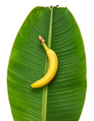 A ripe yellow banana rests on a large, vibrant green leaf, isolated against a white background