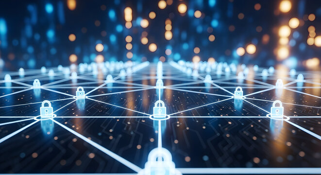 Data security network with lock icons representing secure connections