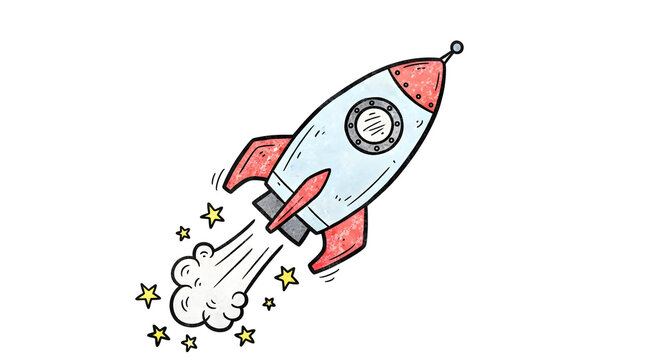 A hand-drawn cartoon rocket ship blasting off into space with stars and smoke from its engine, isolated on a white background.