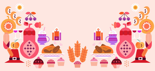 Happy Thanksgi  Day background - template Greeting card with decorations of leaves, pumpkins, sunflower, berry, family dinner of nature.Vector flat icon illustration