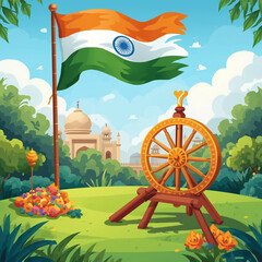 Vibrant and colorful illustration of a happy Gandhi Jayanti celebration scene with a prominent Indian flag waving in the background and a traditional spinning wheel placed at the forefront, surrounded