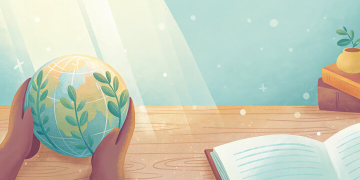 Sustainable living habits inspire eco friendly choices shown by hands holding globe with leaves symbolizing care for planet and nature future