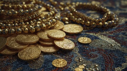 Pile of ancient gold coins and jewelry on patterned fabric, showcasing wealth and historical artifacts
