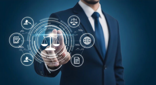 Modern lawyer selecting legal options with touch screen interface today