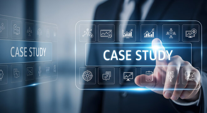 Businessman presents case study data on interactive screen display