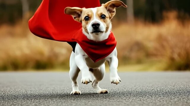 A cheerful dog wearing a bright red cape jumps joyfully through a field filled with golden grass and autumn leaves. The dog looks playful and energetic, embodying a superhero spirit.