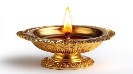 Golden oil lamp with a bright flame isolated on white background, perfect for diwali or other celebrations