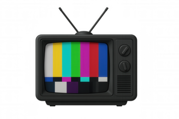 Retro television with antenna showing a test pattern indicating no signal or broadcasting interruption. Transparent background