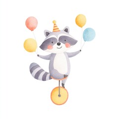 Naklejka premium Cute raccoon character with balloons and flowers in watercolor style for children’s art cheerful environment playful viewpoint