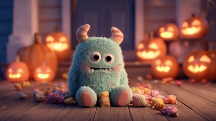 A tiny monster sitting on a porch surrounded by pumpkin and candy