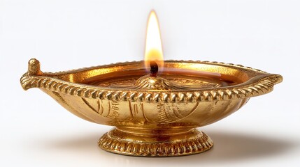 Golden diya lamp glowing with bright flame isolated on white background, symbol of diwali festival