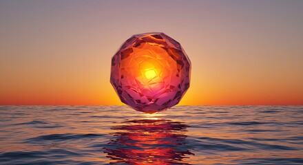 A glowing, faceted orb hovers over tranquil water under a vibrant sunset sky