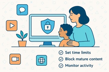 Mother and child viewing computer screen with parental controls concept in light abstract background showing internet safety and monitoring tips. Ai generative