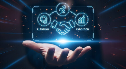 Fototapeta premium Innovative business partnership planning and execution in hand concept
