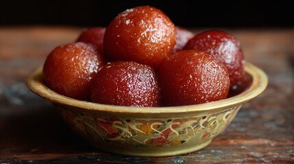 Delicious gulab jamun, a popular indian dessert, served in a bowl on a rustic wooden table, close up shot