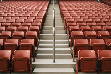 Fototapeta premium Empty red stadium seats with central stairway in symmetrical pattern under soft natural light, abstract sport venue background concept image. Ai generative
