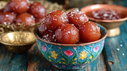 Gulab jamun, a popular indian dessert, served in a colorful bowl, sprinkled with sugar, on a wooden table
