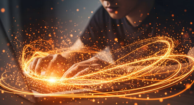 Dynamic coding with glowing light trails on keyboard for cutting edge tech