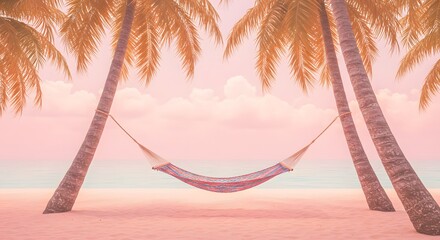 A serene pastel beach scene with a hammock strung between two palm trees, tranquil ocean view