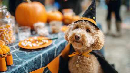 A cute dog in a Halloween costume sits by a festive table with pumpkins and candy.
