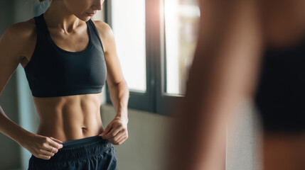 A fit woman looks at herself in the mirror, showing her toned abs and fitness progress.
