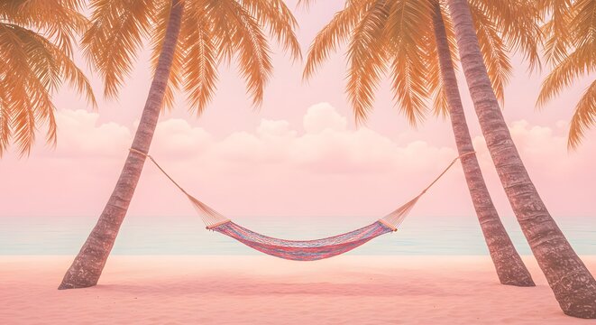 A serene pastel beach scene with a hammock strung between two palm trees, tranquil ocean view
