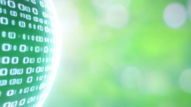 Digital Globe Embracing Nature: An ethereal binary sphere, representing the digital world, gently merges with a soft, green background, embodying the harmony between technology and the environment.