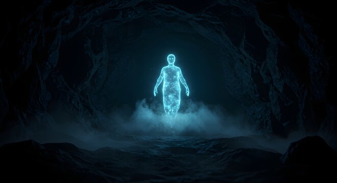 A glowing figure floats within a dark cave, radiating ethereal light, hinting at mystery and transcendence