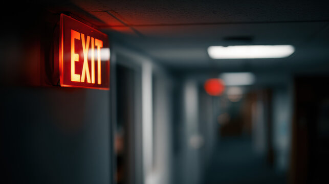 Red illuminated EXIT sign glowing in a dimly lit hallway of a commercial or residential building.