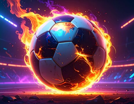 A flaming soccer ball bursts with energy in a stadium, a vibrant spectacle of heat and sport