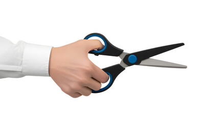 Hand holding black and blue crafting scissors open close up