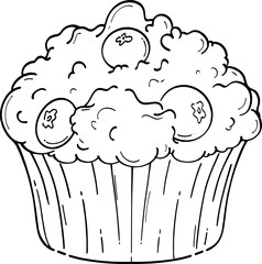 Hand Draw line art Blueberry Cupcake. Doodle drawing for coloring book, t-shirt print, invitation, card, menu design. 
