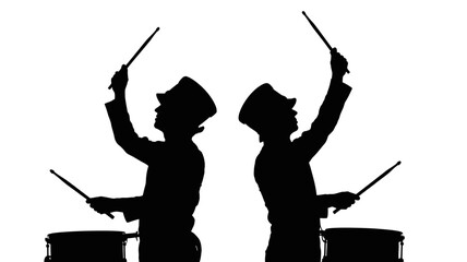 Two silhouetted figures in uniform, drumming enthusiastically with sticks against a white background.